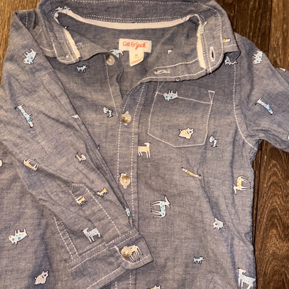 Cat & Jack Blue Button Down Shirt with Animal Print